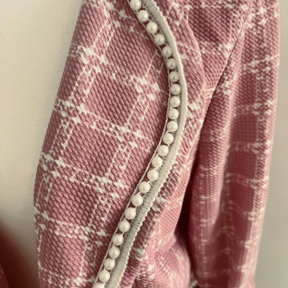 Maya Brooke Pink and White Blazer with Pearl Trim Size 12 - Picture 4 of 12